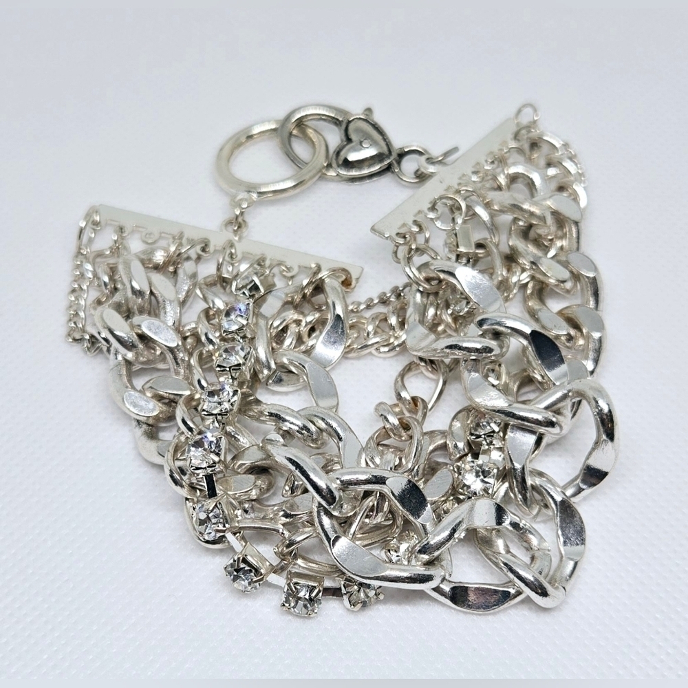 Silver Multi Strand Chain Bracelet Rhinestone Chunky Statement - Picture 3 of 6